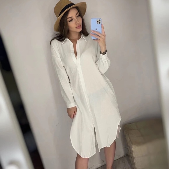 Shirt dress long women’s button collar top pockets  white - Picture 2 of 13
